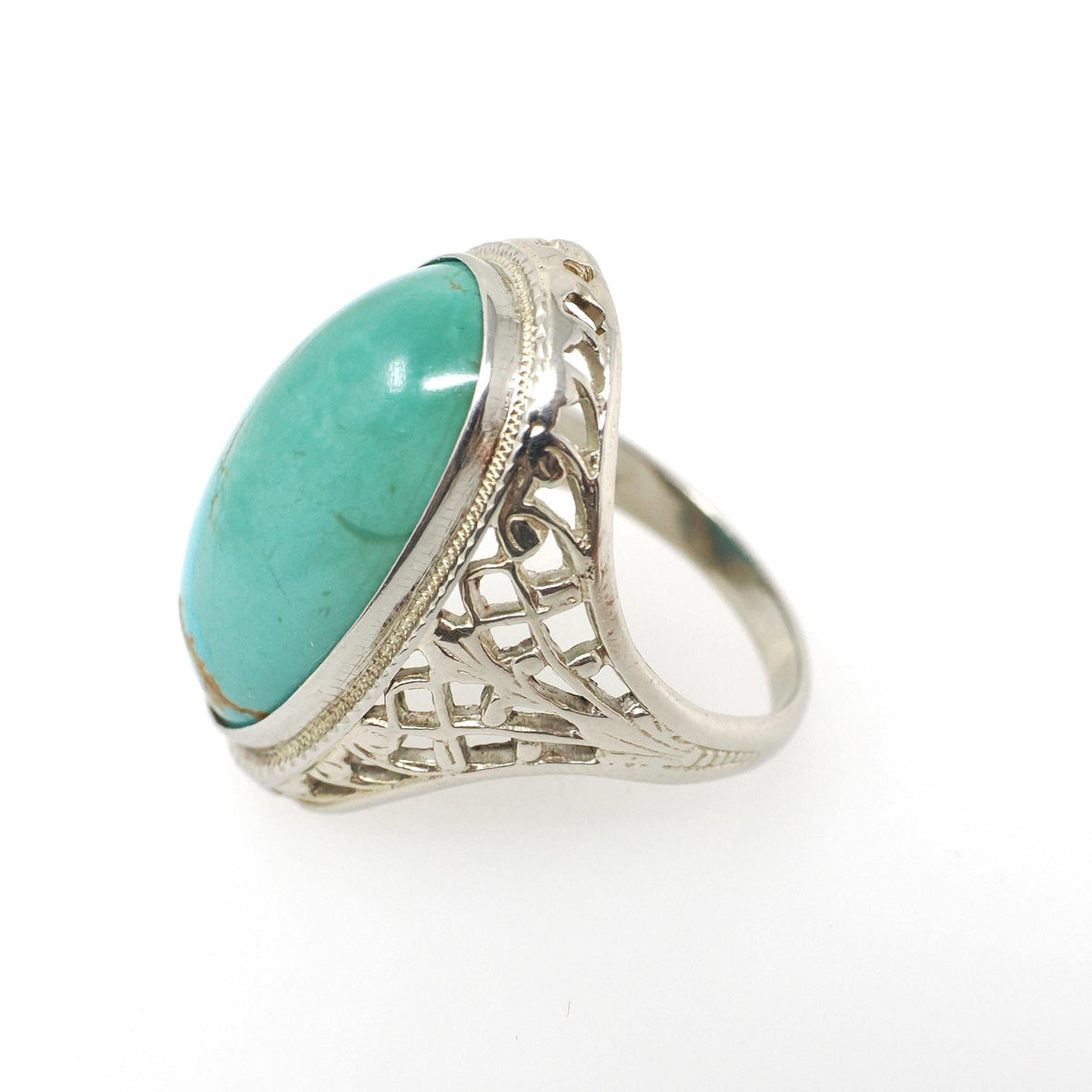 Vintage Turquoise Ring - Art Deco 14k White Gold Filigree Large Cabochon Cut Gemstone - Circa 1930s Era Size 5 1/2 Fine Statement Jewelry