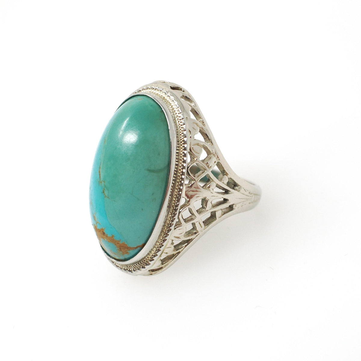 Vintage Turquoise Ring - Art Deco 14k White Gold Filigree Large Cabochon Cut Gemstone - Circa 1930s Era Size 5 1/2 Fine Statement Jewelry