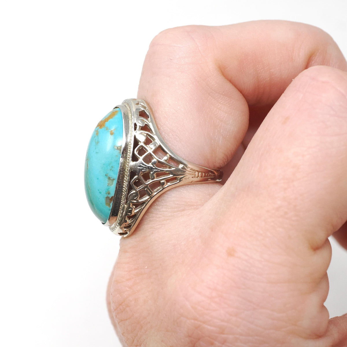Vintage Turquoise Ring - Art Deco 14k White Gold Filigree Large Cabochon Cut Gemstone - Circa 1930s Era Size 5 1/2 Fine Statement Jewelry