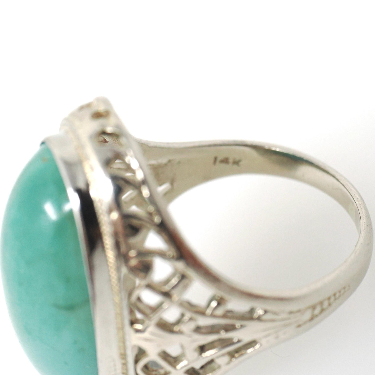 Vintage Turquoise Ring - Art Deco 14k White Gold Filigree Large Cabochon Cut Gemstone - Circa 1930s Era Size 5 1/2 Fine Statement Jewelry