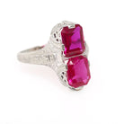 Created Ruby Filigree Ring - Art Deco 14k White Gold Hourglass Stacked Gemstones - Vintage 1930s Era Size 8 Heart Flower Wheat Fine Jewelry