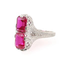 Created Ruby Filigree Ring - Art Deco 14k White Gold Hourglass Stacked Gemstones - Vintage 1930s Era Size 8 Heart Flower Wheat Fine Jewelry