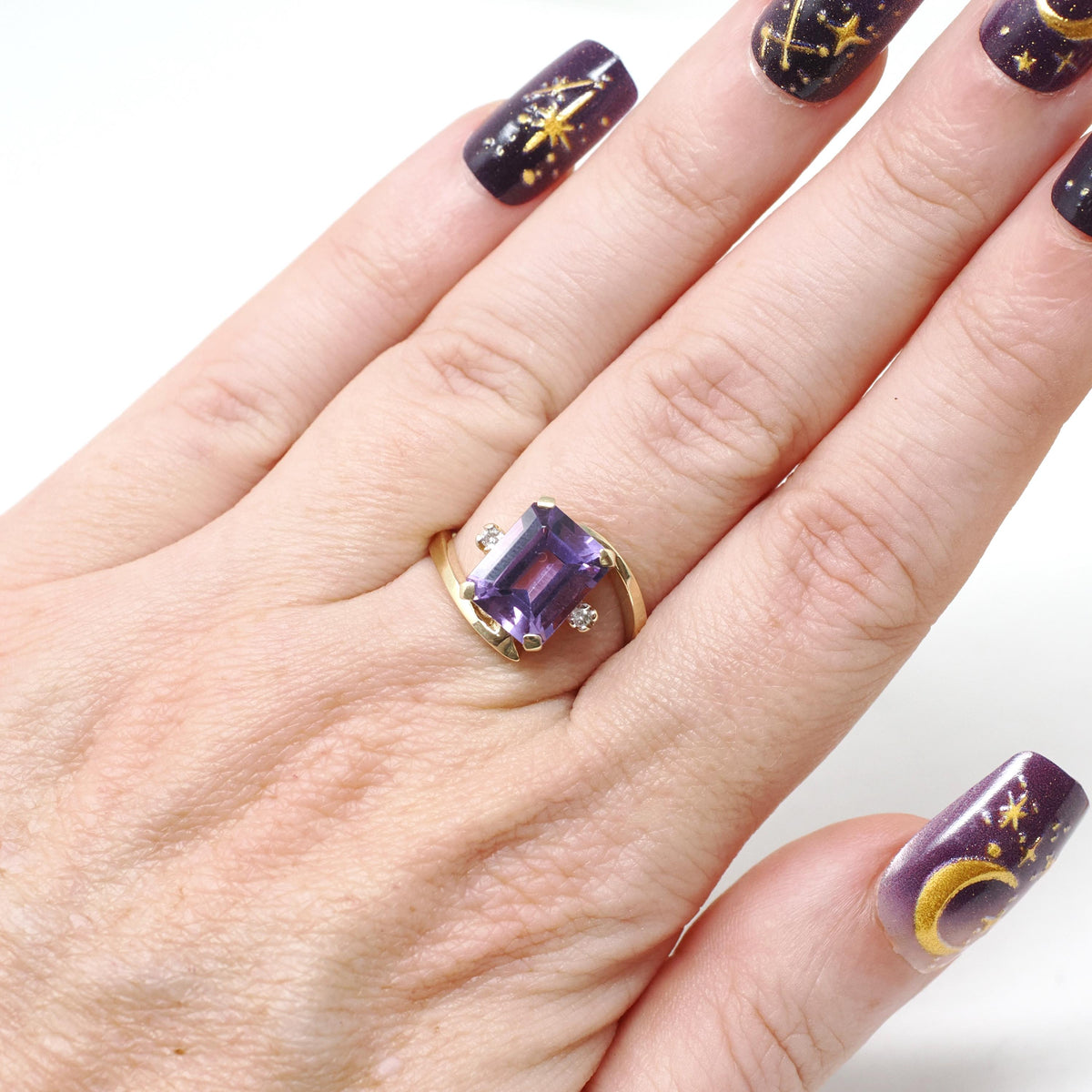Amethyst Bypass Ring - Contemporary 10k Yellow Gold Emerald Cut Purple Gem - Circa 2000s Size 7 Diamonds Fine February Birthstone Jewelry