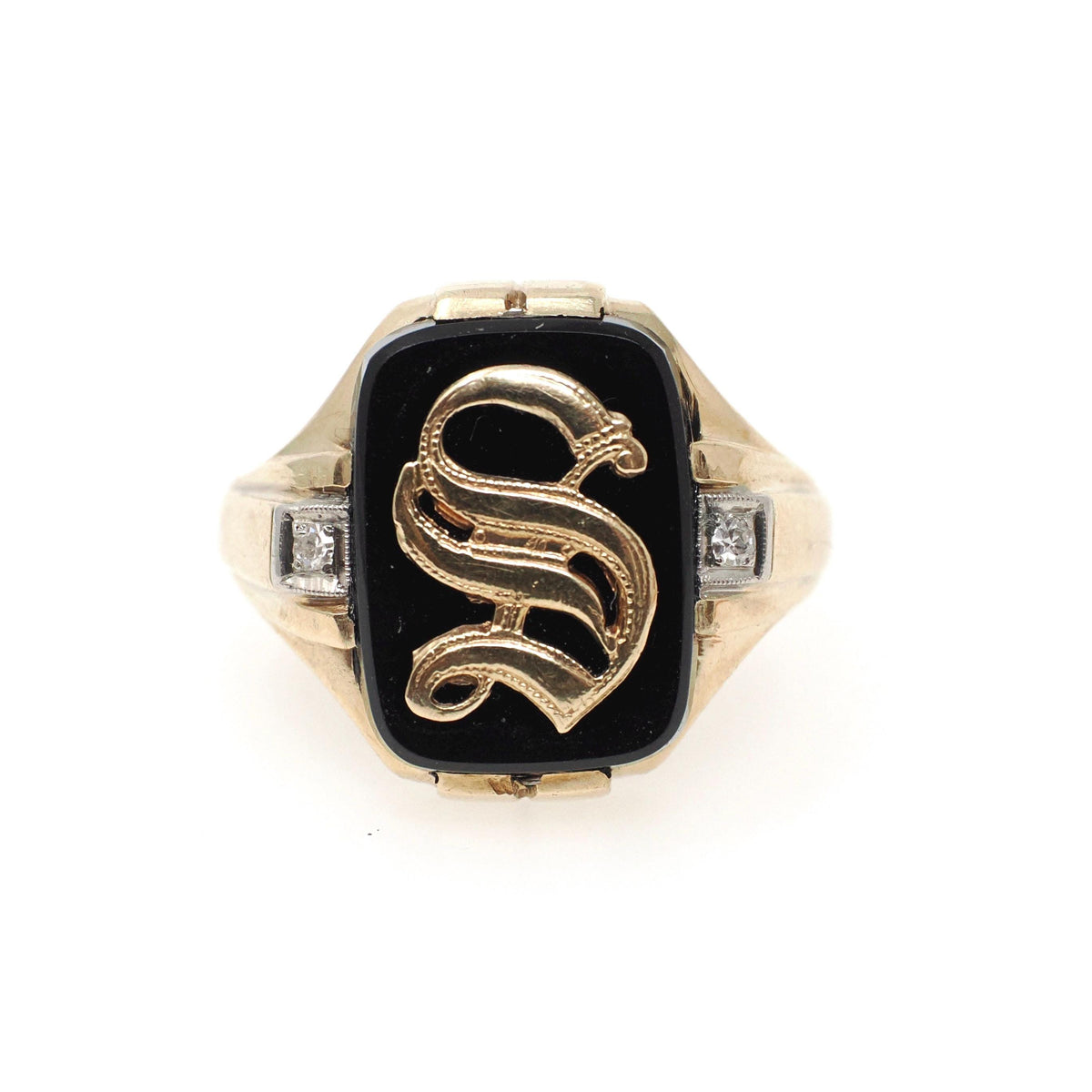 Letter "S" Ring - Art Deco 10k Yellow Gold Black Onyx Old English Initial - Circa 1930s Era Size 9 1/4 Natural Diamond Accent Fine Jewelry