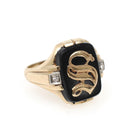 Letter "S" Ring - Art Deco 10k Yellow Gold Black Onyx Old English Initial - Circa 1930s Era Size 9 1/4 Natural Diamond Accent Fine Jewelry