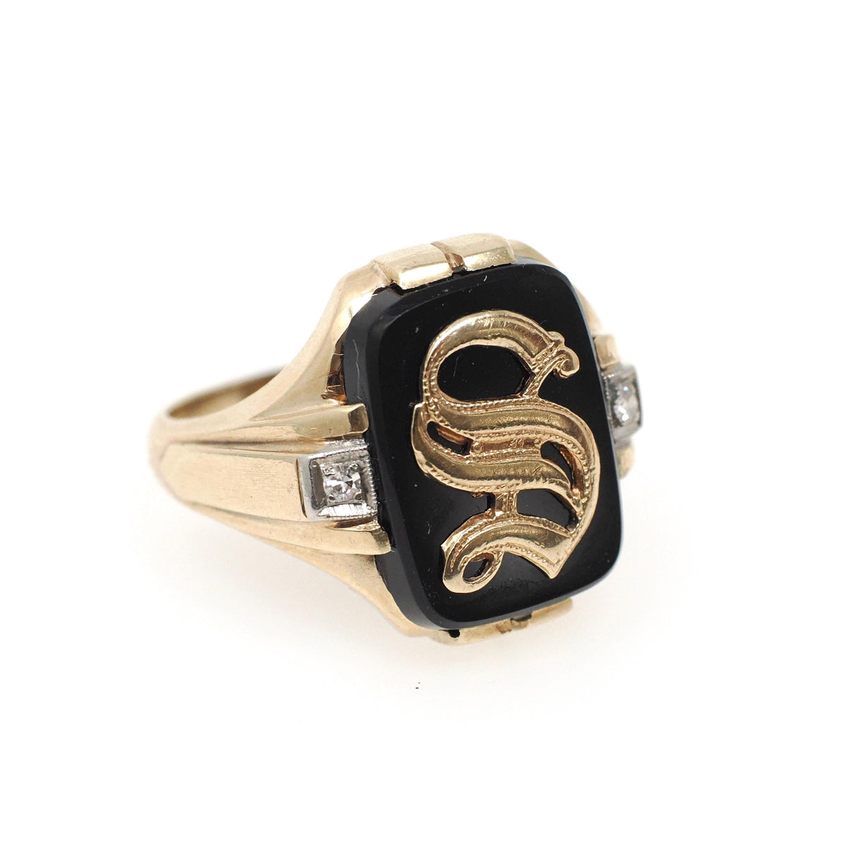 Letter "S" Ring - Art Deco 10k Yellow Gold Black Onyx Old English Initial - Circa 1930s Era Size 9 1/4 Natural Diamond Accent Fine Jewelry