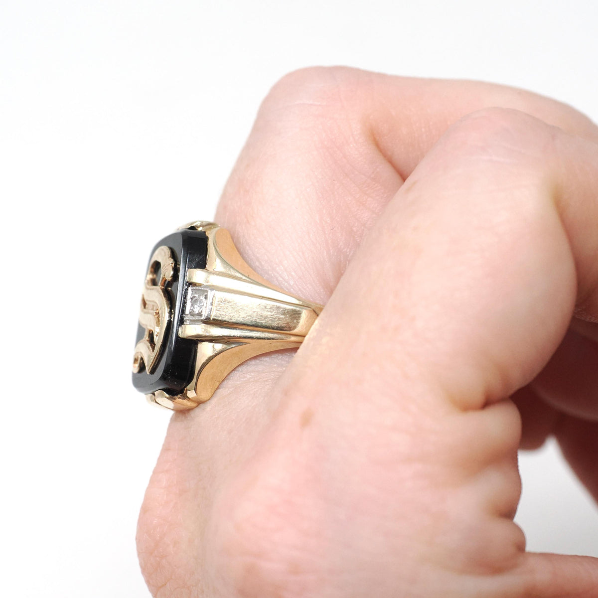 Letter "S" Ring - Art Deco 10k Yellow Gold Black Onyx Old English Initial - Circa 1930s Era Size 9 1/4 Natural Diamond Accent Fine Jewelry
