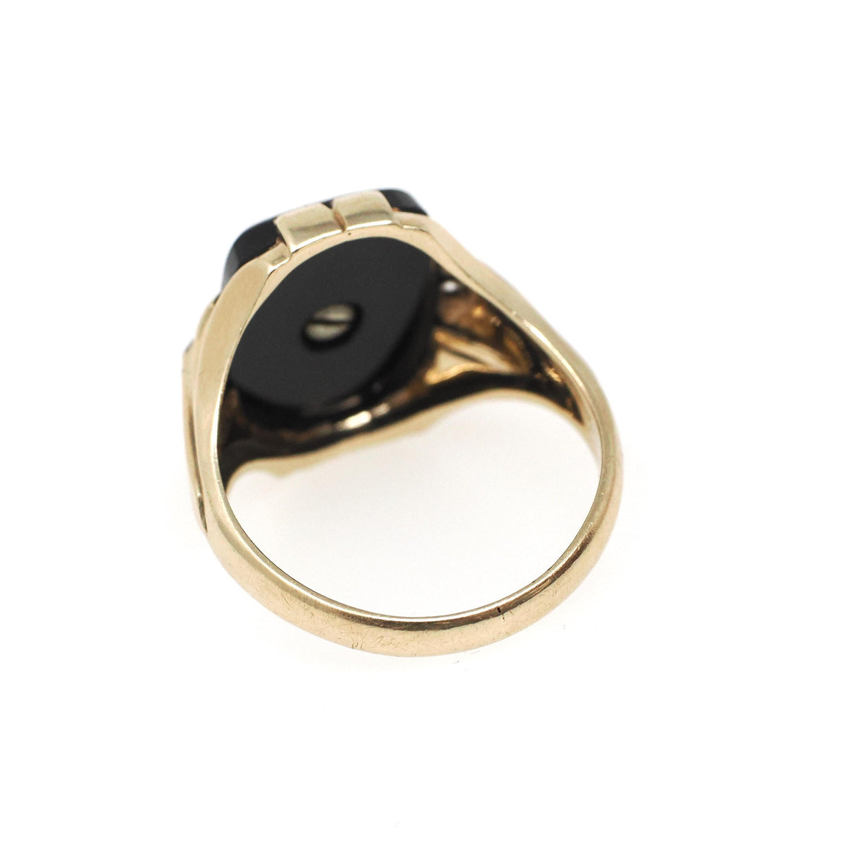 Letter "S" Ring - Art Deco 10k Yellow Gold Black Onyx Old English Initial - Circa 1930s Era Size 9 1/4 Natural Diamond Accent Fine Jewelry