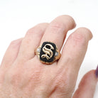 Letter "S" Ring - Art Deco 10k Yellow Gold Black Onyx Old English Initial - Circa 1930s Era Size 9 1/4 Natural Diamond Accent Fine Jewelry