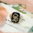 Letter "S" Ring - Art Deco 10k Yellow Gold Black Onyx Old English Initial - Circa 1930s Era Size 9 1/4 Natural Diamond Accent Fine Jewelry