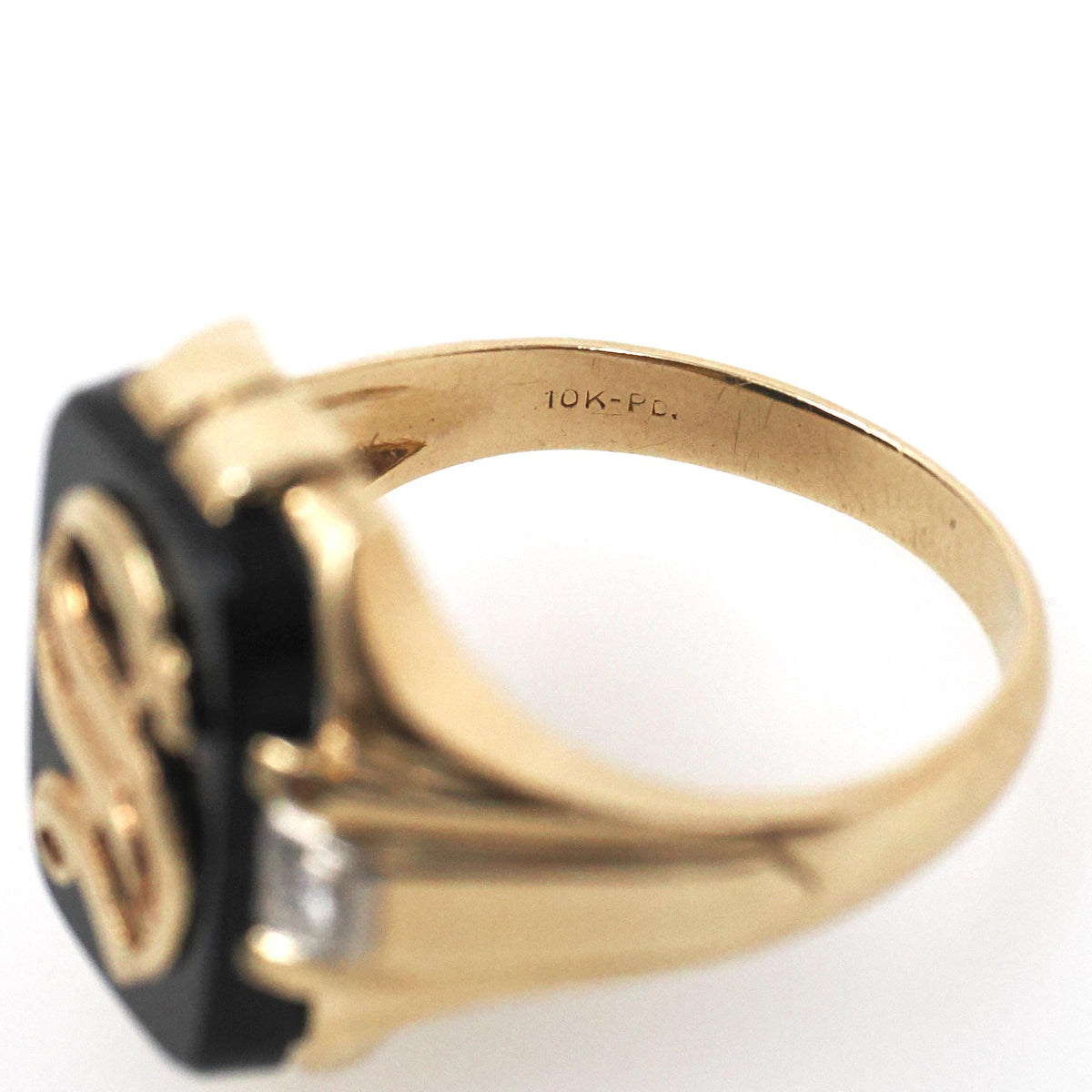 Letter "S" Ring - Art Deco 10k Yellow Gold Black Onyx Old English Initial - Circa 1930s Era Size 9 1/4 Natural Diamond Accent Fine Jewelry