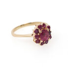 Ruby Halo Ring - Modern 14k Yellow Gold Natural Oval Red Corundum Gemstone Flower Cluster - Circa 1990s Size 5 1/4 Engagement Fine Jewelry