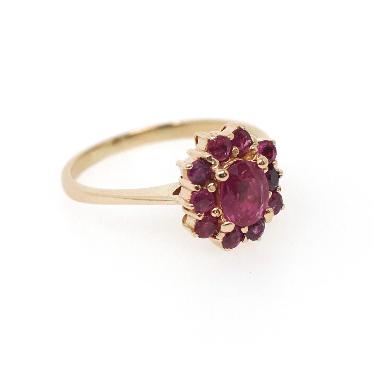 Ruby Halo Ring - Modern 14k Yellow Gold Natural Oval Red Corundum Gemstone Flower Cluster - Circa 1990s Size 5 1/4 Engagement Fine Jewelry