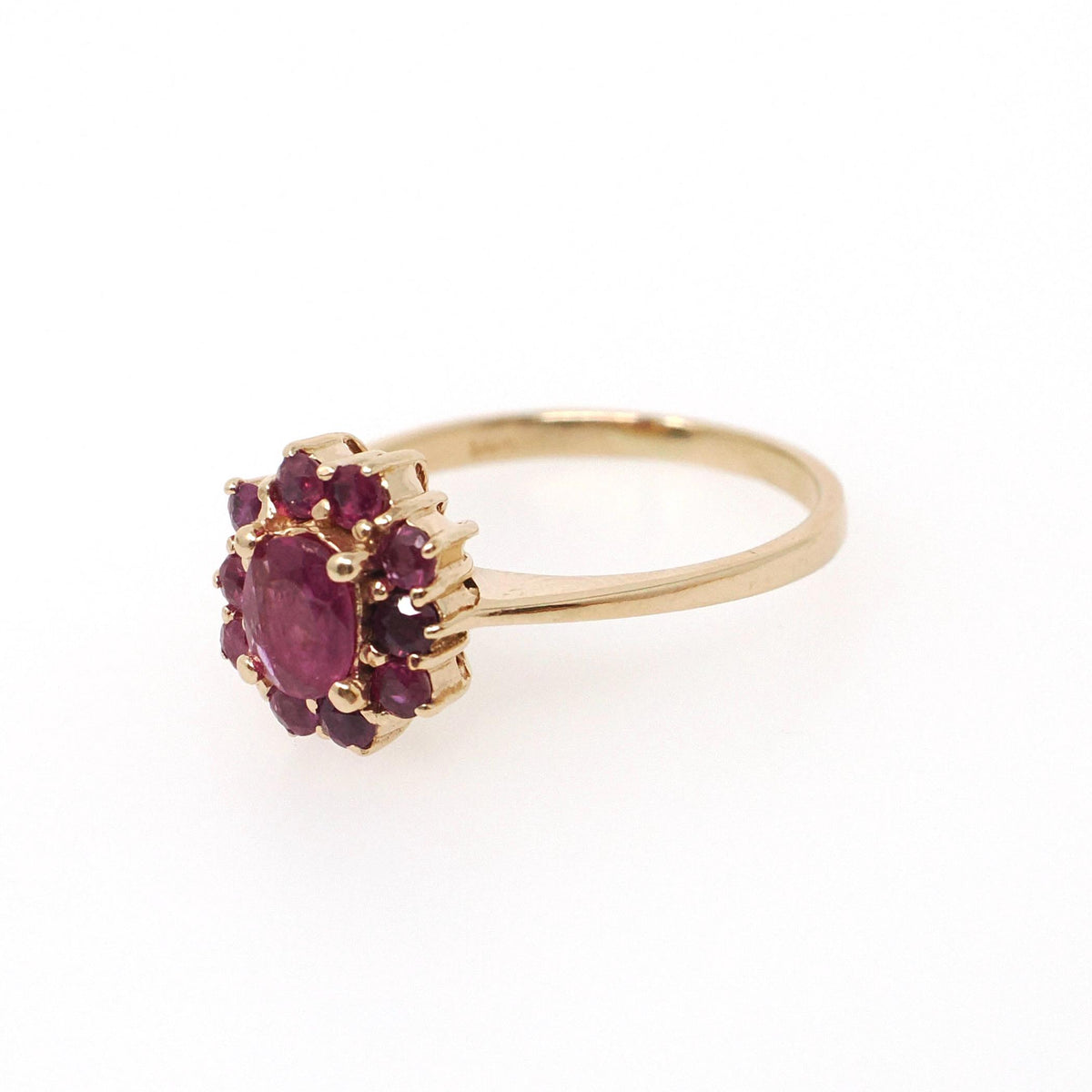 Ruby Halo Ring - Modern 14k Yellow Gold Natural Oval Red Corundum Gemstone Flower Cluster - Circa 1990s Size 5 1/4 Engagement Fine Jewelry