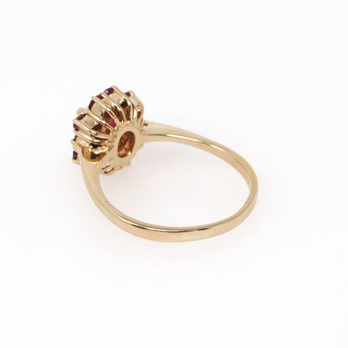 Ruby Halo Ring - Modern 14k Yellow Gold Natural Oval Red Corundum Gemstone Flower Cluster - Circa 1990s Size 5 1/4 Engagement Fine Jewelry