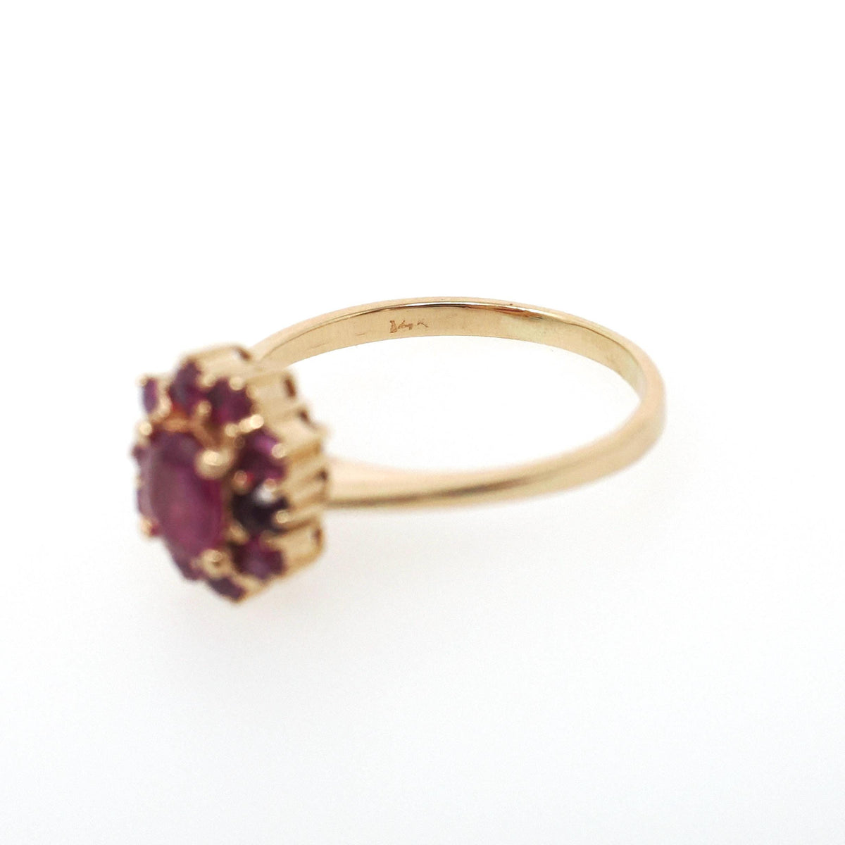 Ruby Halo Ring - Modern 14k Yellow Gold Natural Oval Red Corundum Gemstone Flower Cluster - Circa 1990s Size 5 1/4 Engagement Fine Jewelry