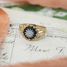Wedgwood Daisy Ring - Modernist 14k Yellow Gold Round Black Porcelain Jasperware Flower Cameo - Circa 1970s Size 7 Fine Twisted Rope Jewelry