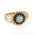 Wedgwood Daisy Ring - Modernist 14k Yellow Gold Round Black Porcelain Jasperware Flower Cameo - Circa 1970s Size 7 Fine Twisted Rope Jewelry