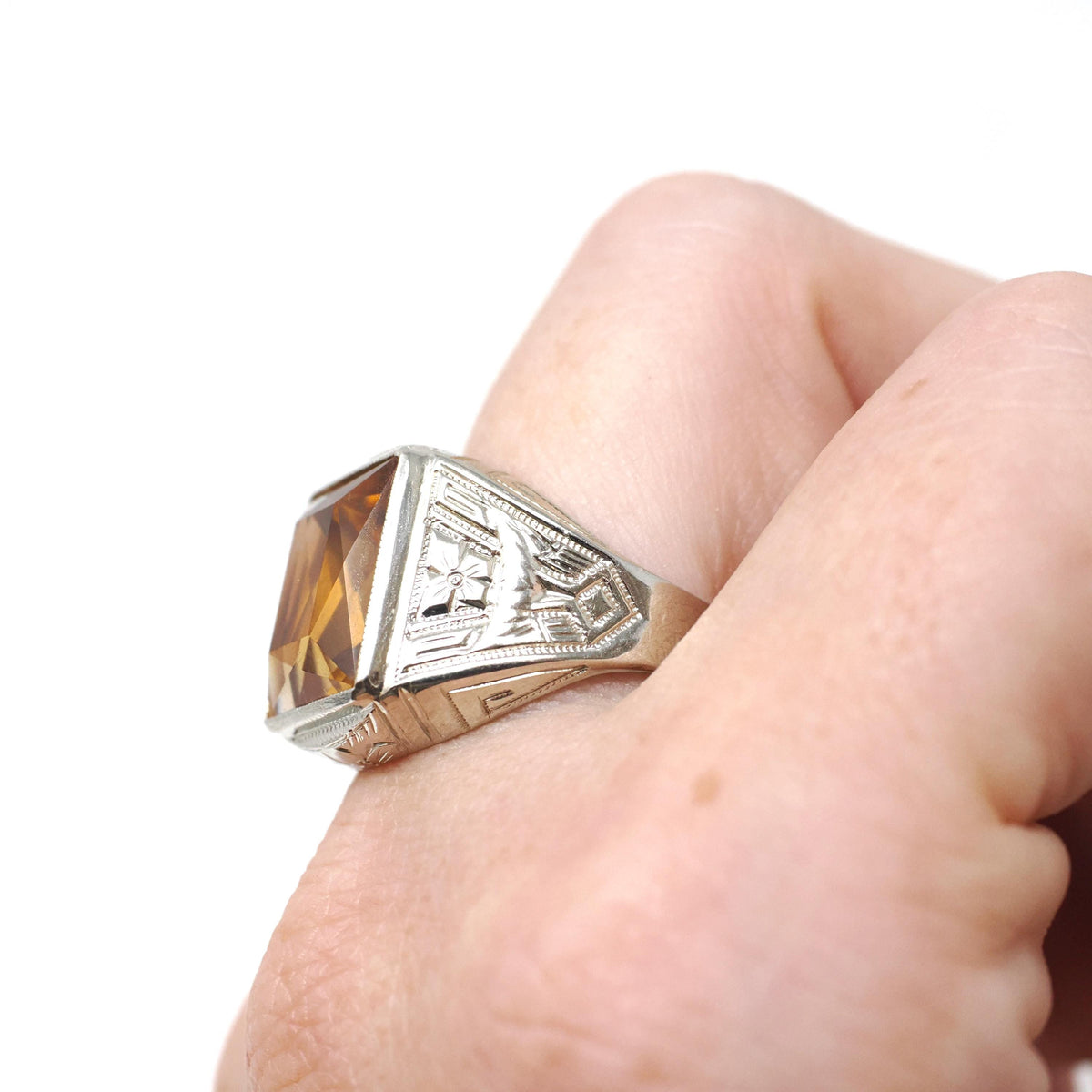 Natural Citrine Ring - Art Deco 10k White Gold Emerald Cut Yellow Gemstone - Vintage Circa 1930s Era Size 9 November Birthstone Fine Jewelry
