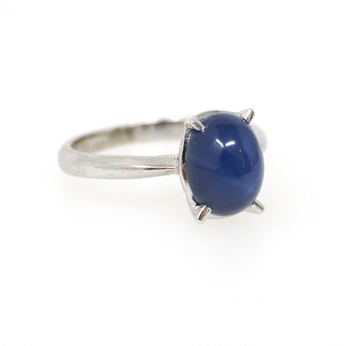 Created Star Sapphire Ring - Vintage 14k White Gold Oval Blue Cabochon Solitaire - Modernist 1960s 5 1/4 September Birthstone Fine Jewelry