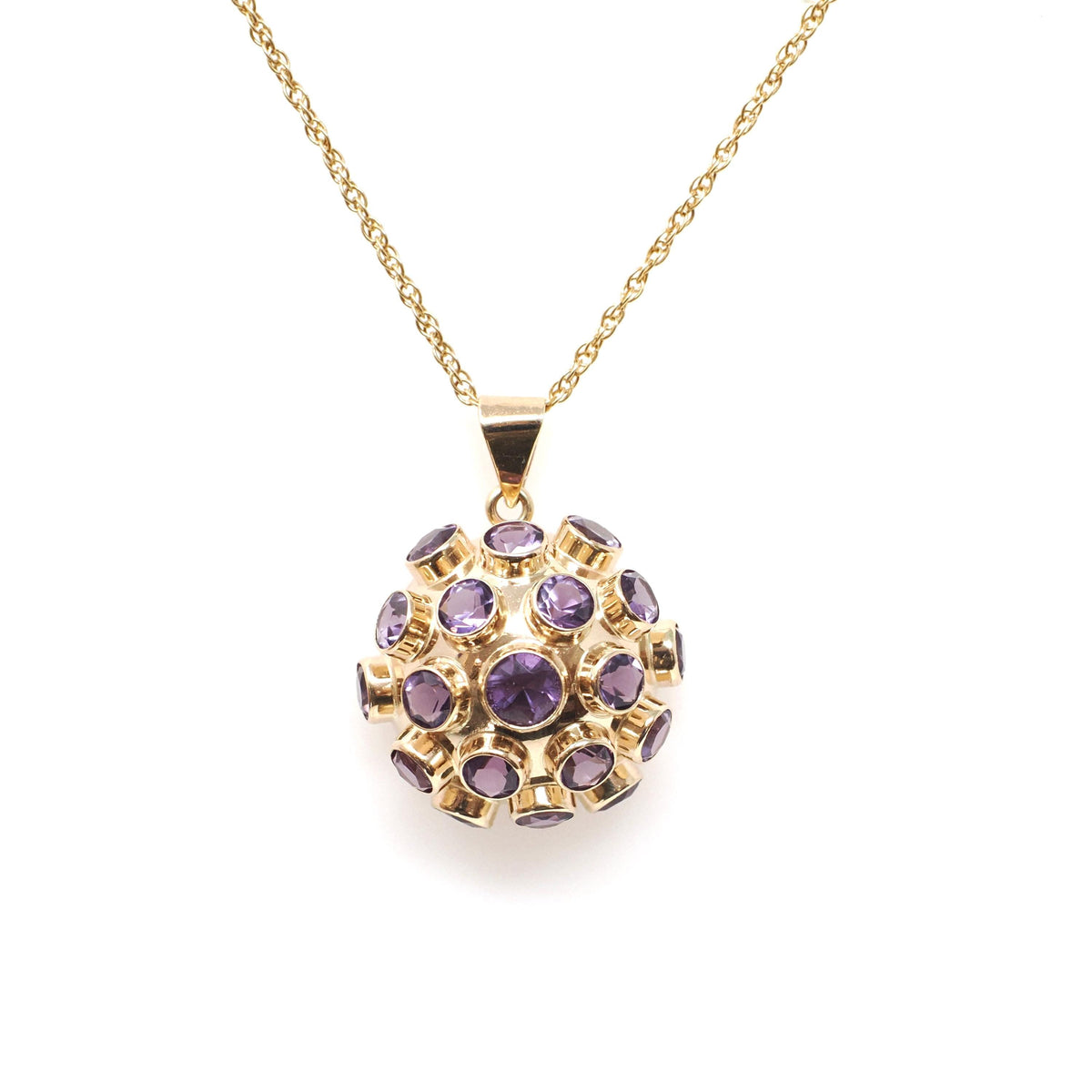 Vintage Sputnik Pendant - Modernist 14k Yellow Gold Half Dome Statement Necklace - Circa 1960s Era Natural Amethyst Gemstones Fine Jewelry