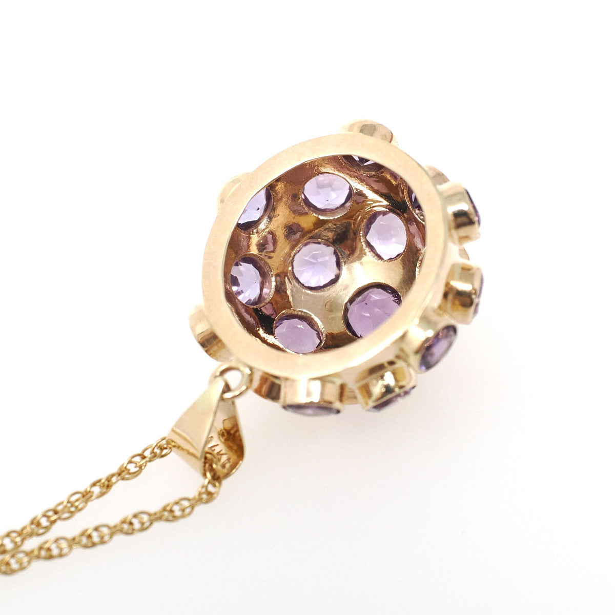 Vintage Sputnik Pendant - Modernist 14k Yellow Gold Half Dome Statement Necklace - Circa 1960s Era Natural Amethyst Gemstones Fine Jewelry