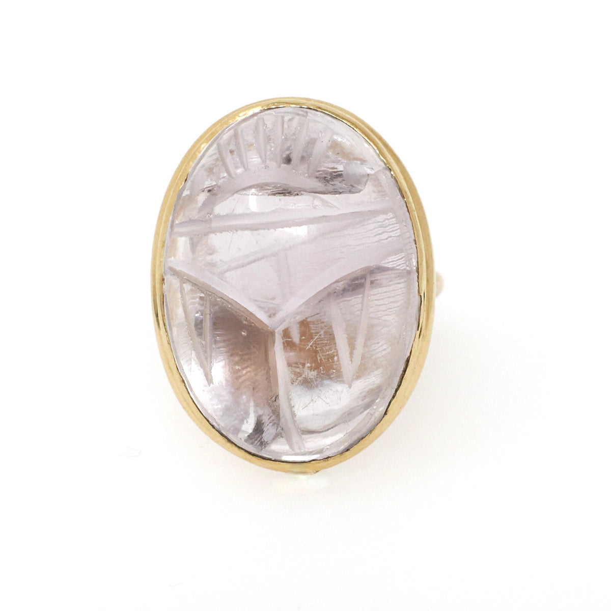 Vintage Scarab Ring - Mid Century 14k & 10k Yellow Gold Oval Carved Natural Amethyst Gem - Circa 1960s Size 9 Egyptian Revival Fine Jewelry