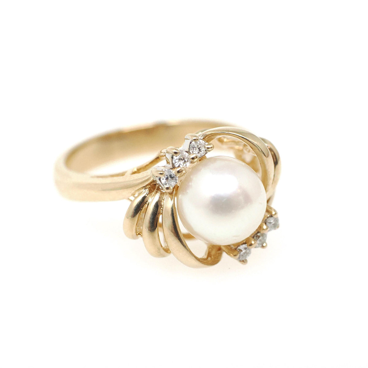Cultured Pearl Ring - Contemporary 14k Yellow Gold White Organic Gem & Diamonds - Estate Circa 1990s Era Size 6 June Birthstone Fine Jewelry
