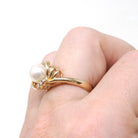Cultured Pearl Ring - Contemporary 14k Yellow Gold White Organic Gem & Diamonds - Estate Circa 1990s Era Size 6 June Birthstone Fine Jewelry
