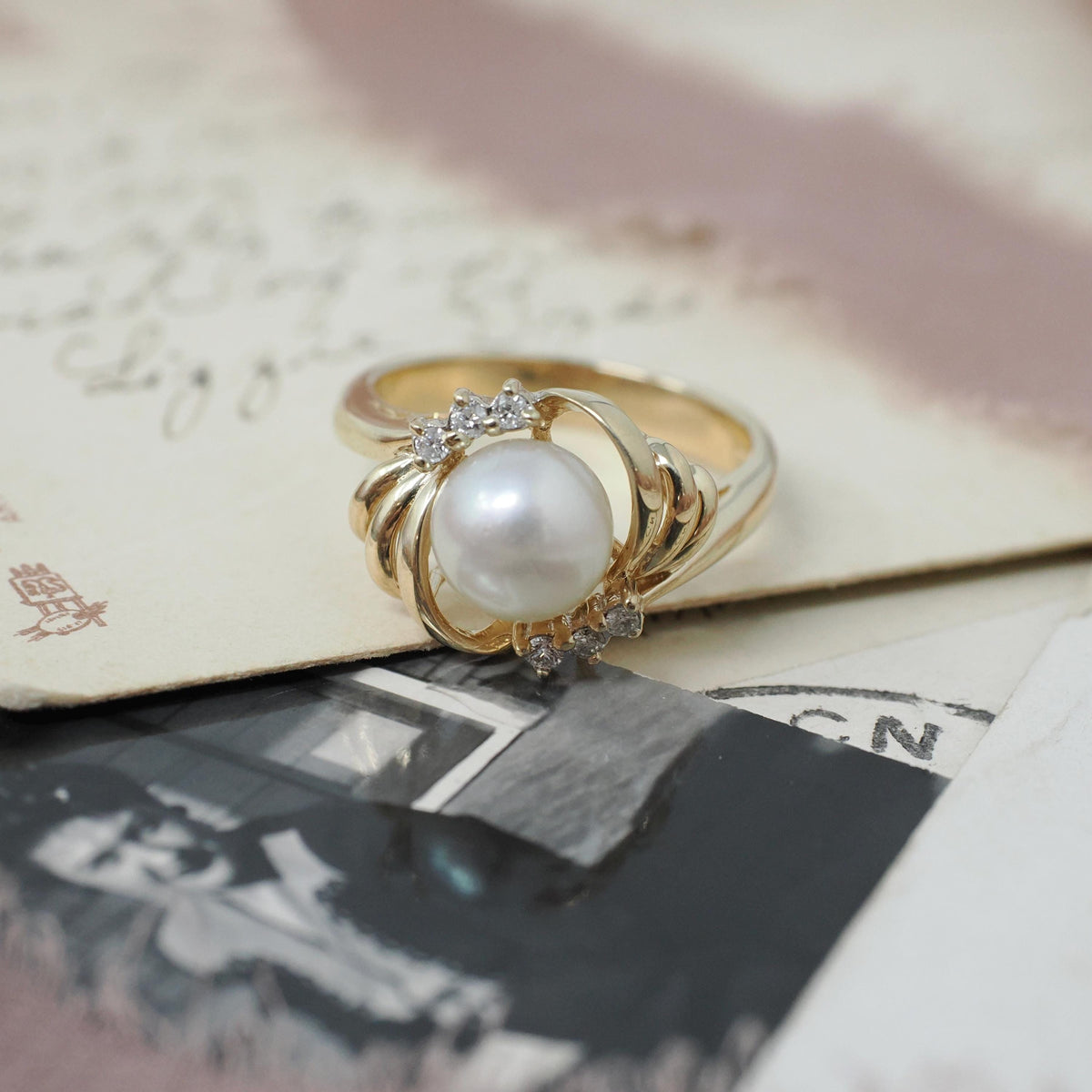 Cultured Pearl Ring - Contemporary 14k Yellow Gold White Organic Gem & Diamonds - Estate Circa 1990s Era Size 6 June Birthstone Fine Jewelry