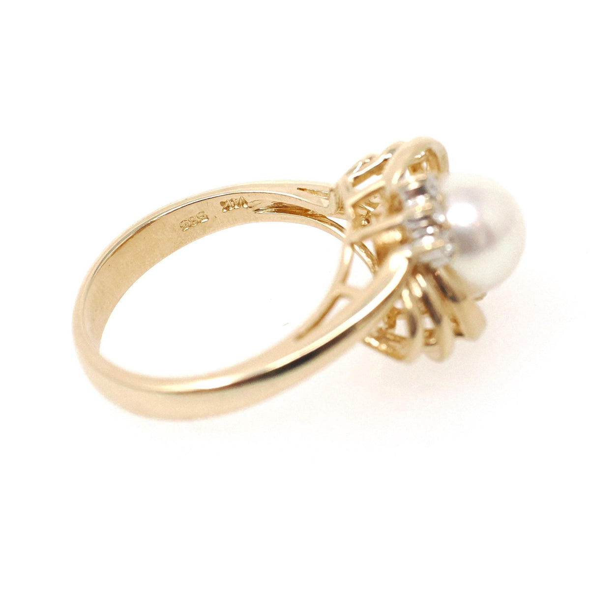 Cultured Pearl Ring - Contemporary 14k Yellow Gold White Organic Gem & Diamonds - Estate Circa 1990s Era Size 6 June Birthstone Fine Jewelry