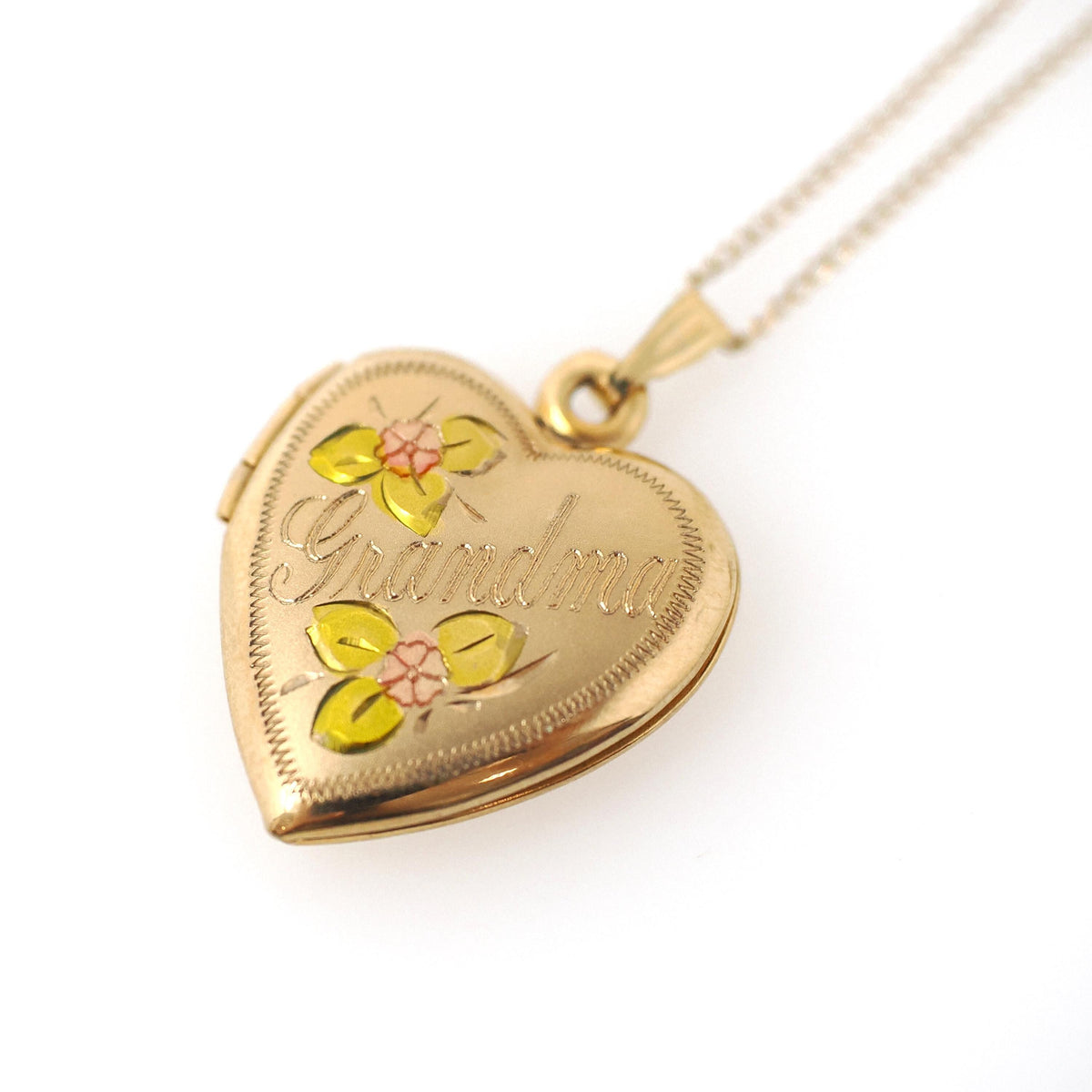 Floral Heart Locket - Contemporary 14k Gold Filled Engraved "Grandma" Pendant - Estate Circa 2000s Era Flower Photo Memory Keepsake Jewelry