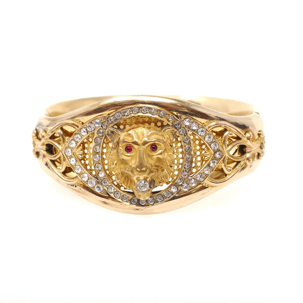 Edwardian Lion Bracelet - Antique Gold Filled Rhinestone and Red Glass Statement - Circa 1910s Era Rare 7 Inch Bangle Fashion Jewelry