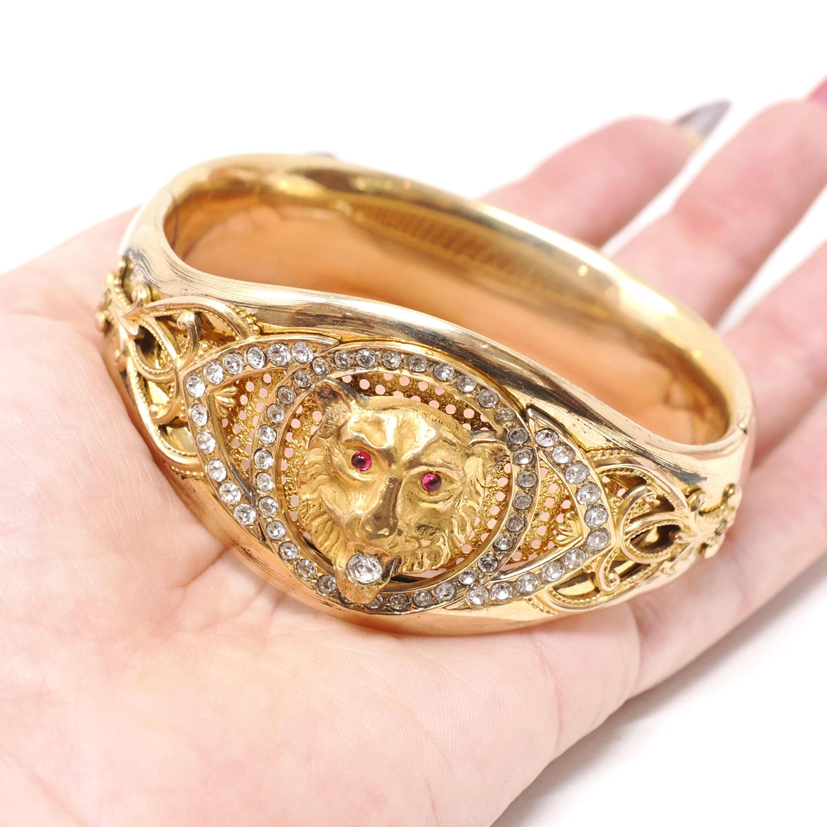 Edwardian Lion Bracelet - Antique Gold Filled Rhinestone and Red Glass Statement - Circa 1910s Era Rare 7 Inch Bangle Fashion Jewelry