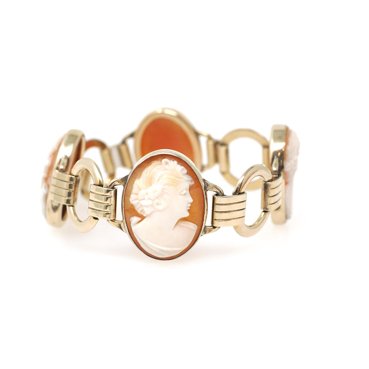 Vintage Cameo Bracelet - Mid Century 10k Gold Filled Oval Carved Shell Woman's Profile - Circa 1950s Latch Clasp Fashion Accessory Jewelry