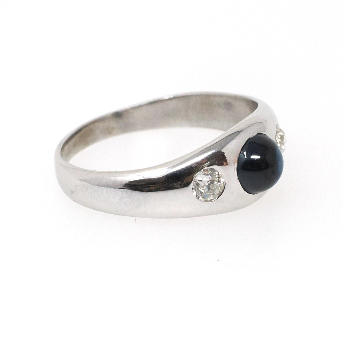 Sapphire & Diamond Ring - Mid Century 14k White Gold Natural Blue Corundum Old European Cut Band - Circa 1960s Size 6.5 Fine Bridal Jewelry