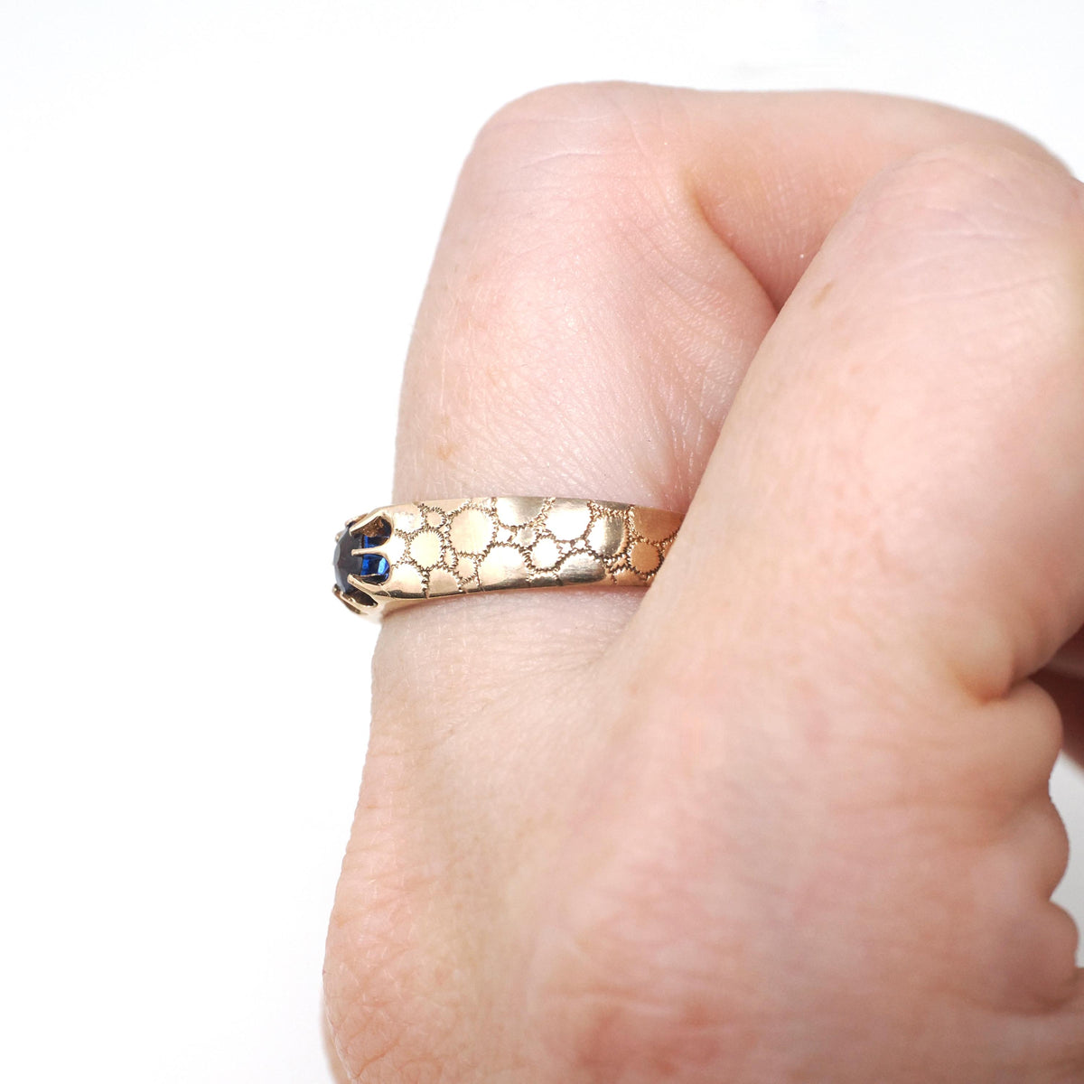 Antique Blue Stone Ring - Victorian 9k Rosy Yellow Gold Garnet Glass Doublet Belcher Solitaire - Circa 1900s Era Size 9 Fine Bridal Jewelry
