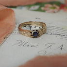 Antique Blue Stone Ring - Victorian 9k Rosy Yellow Gold Garnet Glass Doublet Belcher Solitaire - Circa 1900s Era Size 9 Fine Bridal Jewelry