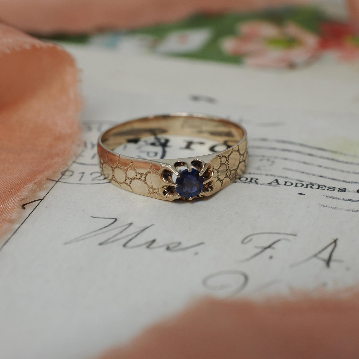 Antique Blue Stone Ring - Victorian 9k Rosy Yellow Gold Garnet Glass Doublet Belcher Solitaire - Circa 1900s Era Size 9 Fine Bridal Jewelry