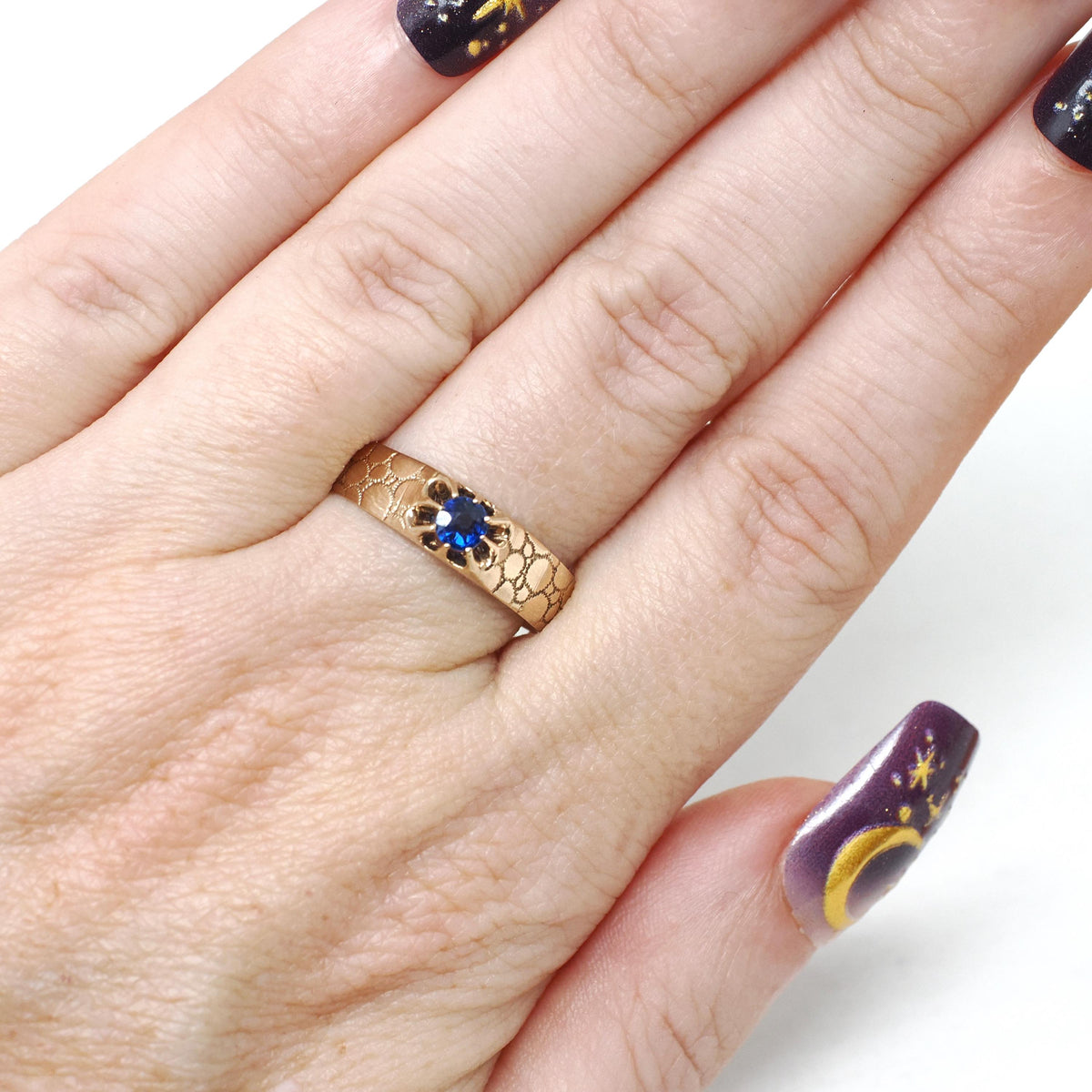 Antique Blue Stone Ring - Victorian 9k Rosy Yellow Gold Garnet Glass Doublet Belcher Solitaire - Circa 1900s Era Size 9 Fine Bridal Jewelry