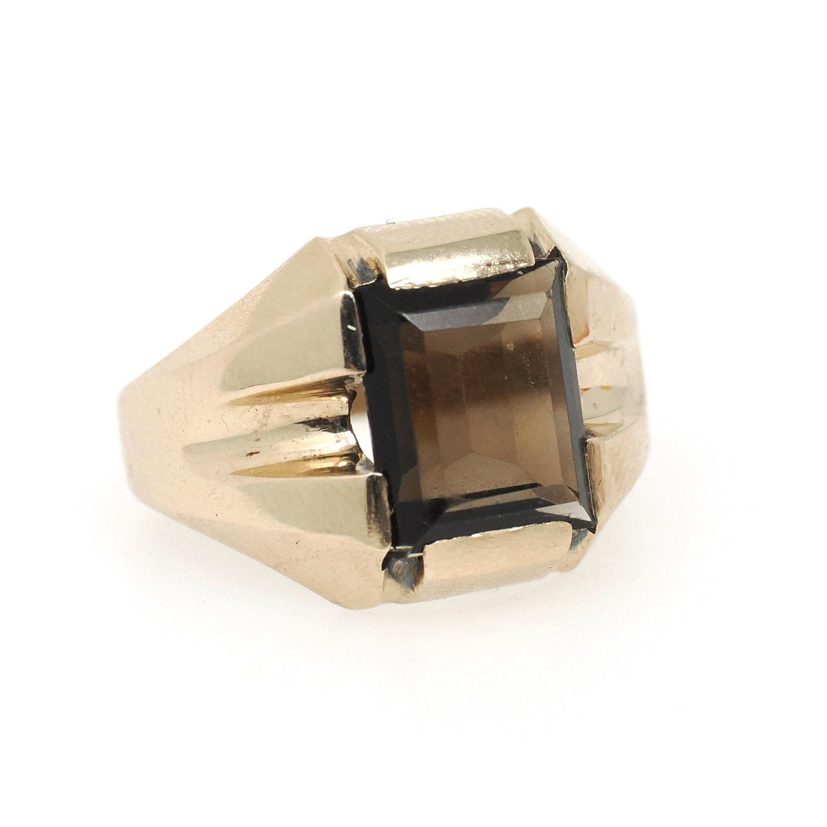 Smoky Quartz Ring - Mid Century Era 9k Yellow Gold Unisex Brown Rectangular Gemstone - Hallmarked 1952 Size 7 1/4 Fine Statement Jewelry