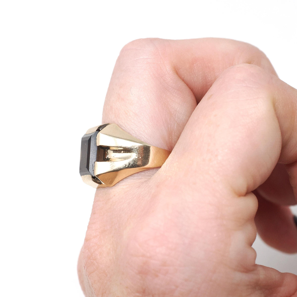 Smoky Quartz Ring - Mid Century Era 9k Yellow Gold Unisex Brown Rectangular Gemstone - Hallmarked 1952 Size 7 1/4 Fine Statement Jewelry