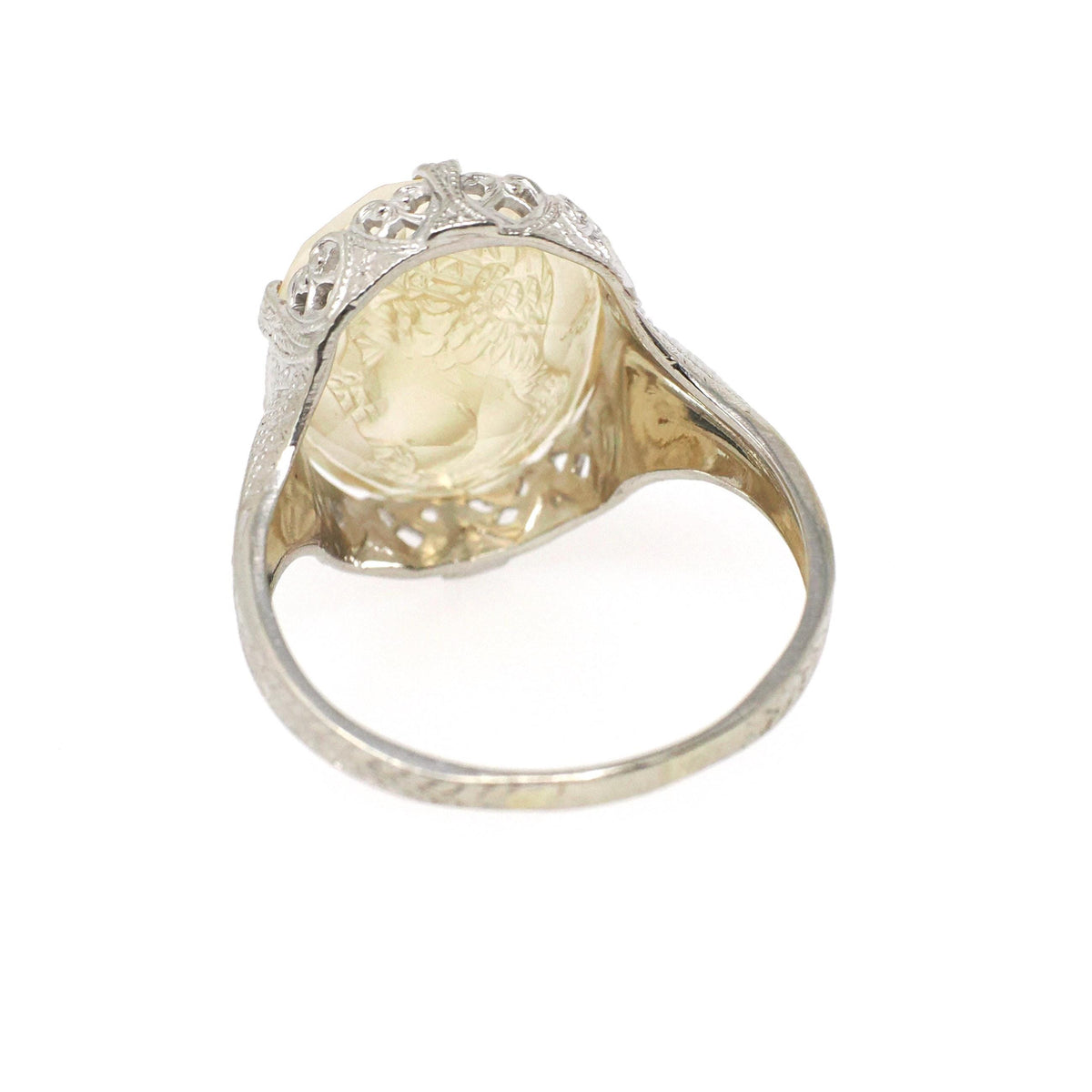 Citrine Intaglio Ring - Art Deco 14k White Gold Oval Cut Carved Neoclassical Woman - Vintage 1930s Era Size 7 3/4 Fine Engraved Jewelry