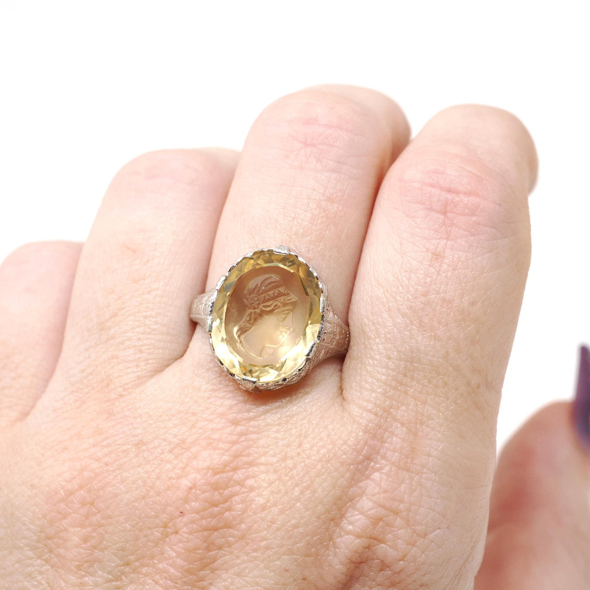 Citrine Intaglio Ring - Art Deco 14k White Gold Oval Cut Carved Neoclassical Woman - Vintage 1930s Era Size 7 3/4 Fine Engraved Jewelry