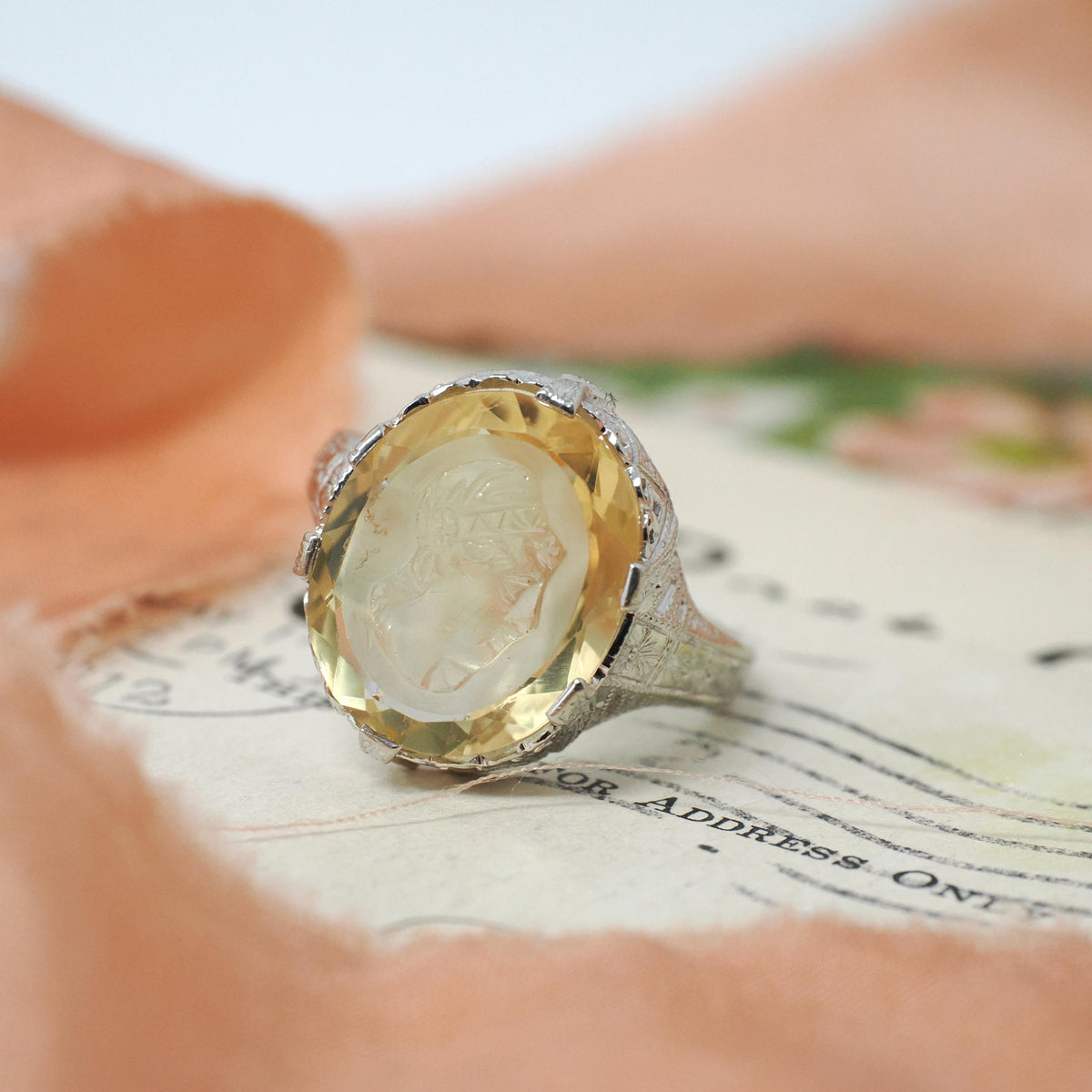 Citrine Intaglio Ring - Art Deco 14k White Gold Oval Cut Carved Neoclassical Woman - Vintage 1930s Era Size 7 3/4 Fine Engraved Jewelry