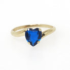 Vintage Created Spinel Ring - Mid Century 10k Yellow Gold Heart Cobalt Blue Gem Bypass - Circa 1960s Size 5 1/4 September Birthstone Jewelry