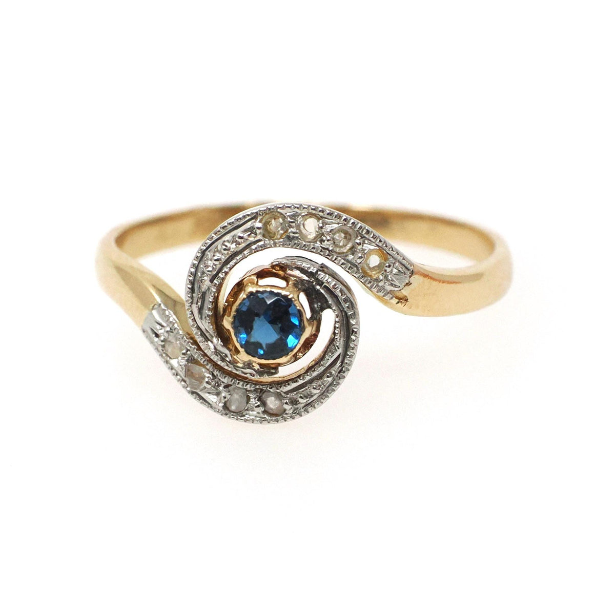 Antique Swirl Ring - Edwardian 18k Yellow Gold & Platinum Blue Glass Diamond Chips - Circa 1900s Size 7 French Handmade Halo Fine Jewelry