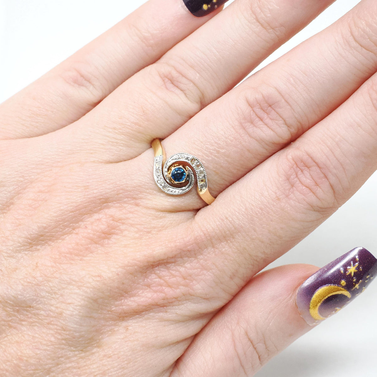 Antique Swirl Ring - Edwardian 18k Yellow Gold & Platinum Blue Glass Diamond Chips - Circa 1900s Size 7 French Handmade Halo Fine Jewelry