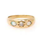 Antique Opal & Diamond Ring - Victorian 18k Yellow Gold Three Stone Natural Gemstone Band - Dated 1892 Size 7 1/2 Star Incised Fine Jewelry