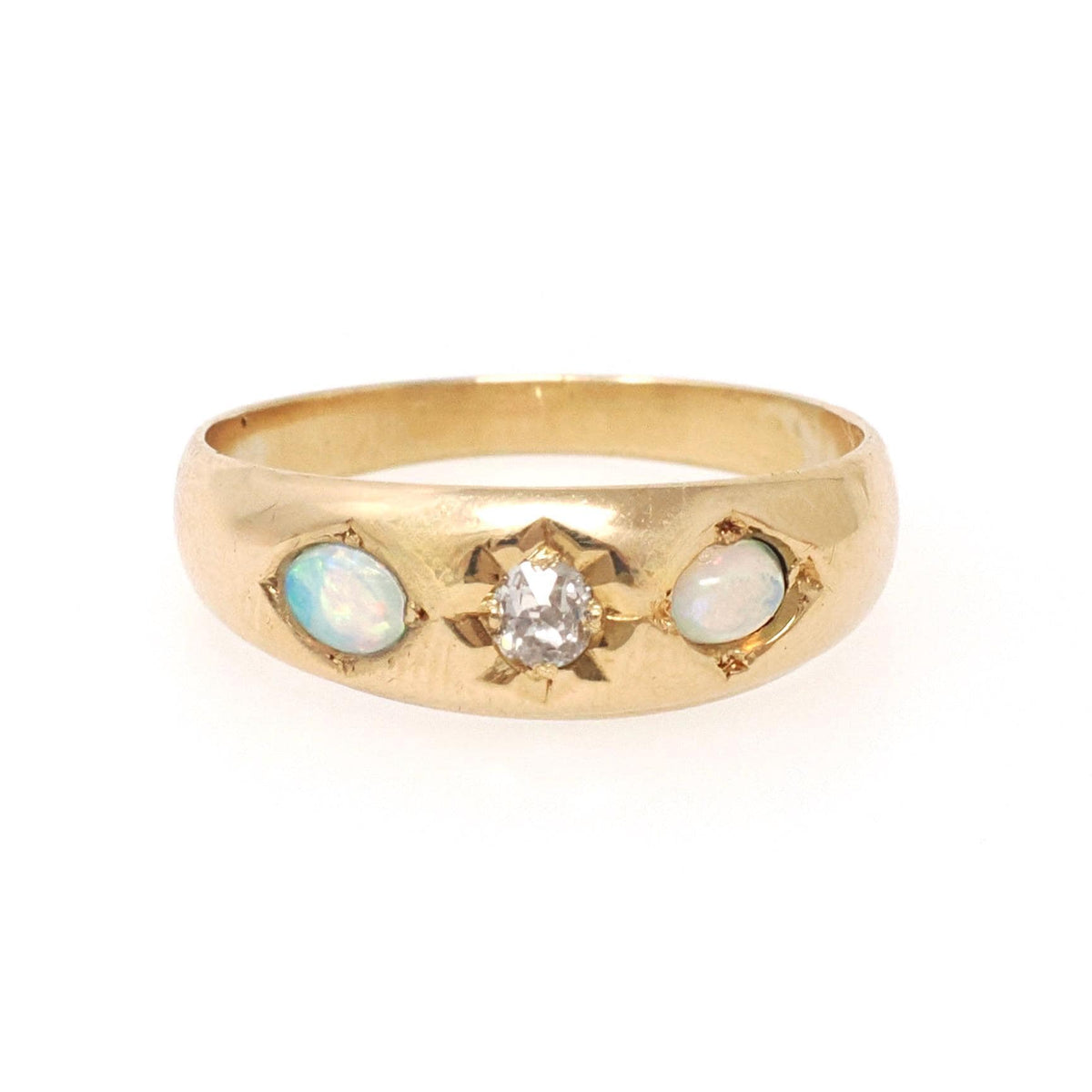 Antique Opal & Diamond Ring - Victorian 18k Yellow Gold Three Stone Natural Gemstone Band - Dated 1892 Size 7 1/2 Star Incised Fine Jewelry